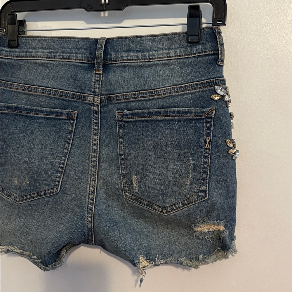 Express Distressed High Rise Boho Cut Off Denim Shorts w/ Rhinestone Details 0 - Picture 9 of 12